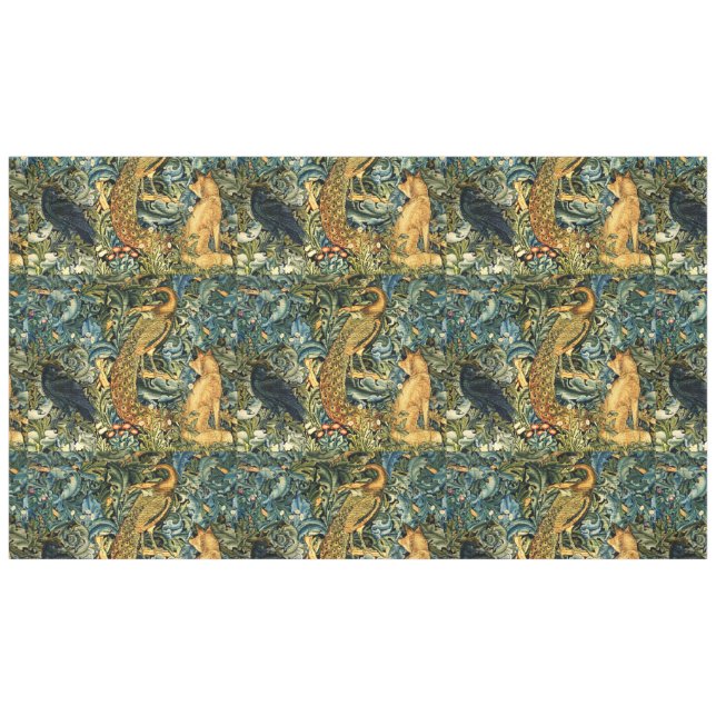 FOREST ANIMALS,RAVEN,FOX,PEACOCK Blue Green Floral Tablecloth (Front (Horizontal))