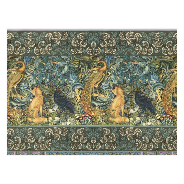 FOREST ANIMALS,RAVEN,FOX,PEACOCK Blue Green Floral Tablecloth (Front (Horizontal))
