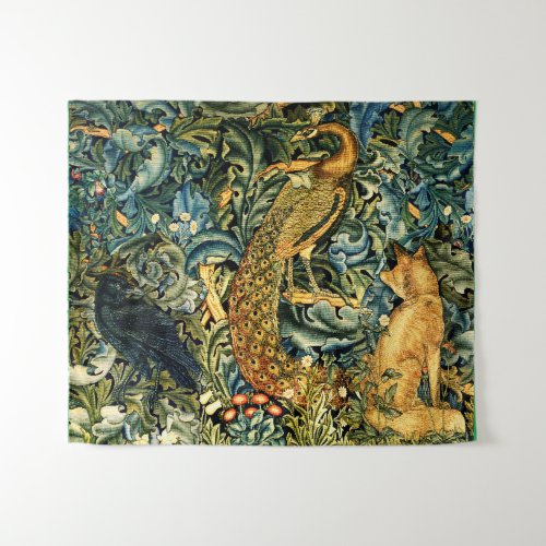 FOREST ANIMALSRAVENFOXPEACOCK Blue Green Floral Tapestry