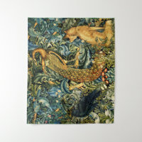 GREENERY, FOREST ANIMALS Fox and Hares Blue Green Floral Tapestry