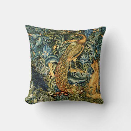 FOREST ANIMALSRAVENFOXPEACOCK Blue Green Floral Throw Pillow
