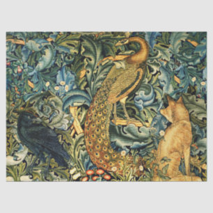 FOREST ANIMALS,RAVEN,FOX,PEACOCK Blue Green Floral Tissue Paper