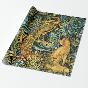 FOREST ANIMALS,RAVEN,FOX,PEACOCK Blue Green Floral Wrapping Paper