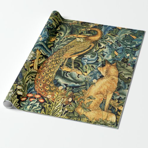 FOREST ANIMALSRAVENFOXPEACOCK Blue Green Floral Wrapping Paper