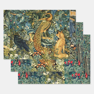 FOREST ANIMALS,RAVEN,FOX,PEACOCK Blue Green Floral Wrapping Paper Sheets
