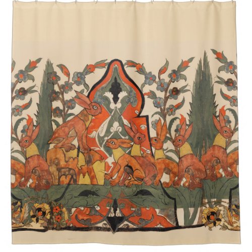 FOREST ANIMALSRED RABBITS AMONG FLOWERS LEAVES SHOWER CURTAIN