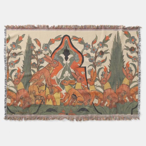 FOREST ANIMALSRED RABBITS AMONG FLOWERS LEAVES THROW BLANKET