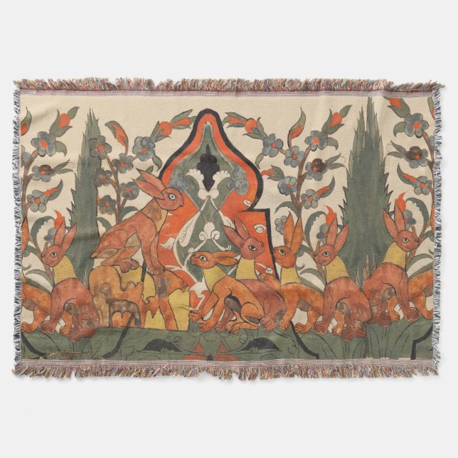 FOREST ANIMALS,RED RABBITS AMONG FLOWERS LEAVES THROW BLANKET (Front)