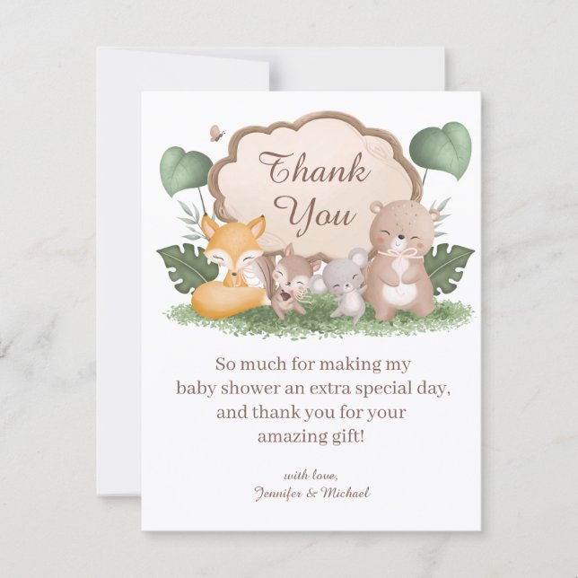 forest animals thank you baby shower stylish note card (Front)