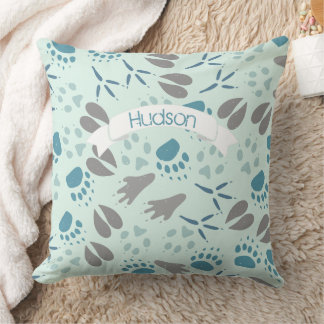 Forest Animals Tracks Raccoon Deer Bear Bird Throw Pillow