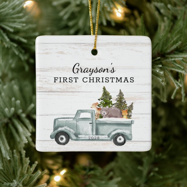 Forest Animals Truck Photo Baby's First Christmas  Ceramic Ornament (Tree)