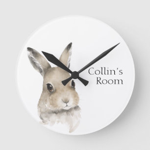 Forest Animals Watercolor Bunny Name Nursery Round Clock
