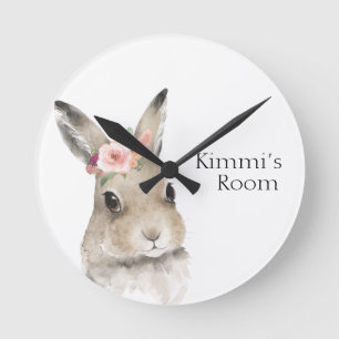 Forest Animals Watercolor Bunny Name Nursery Round Clock