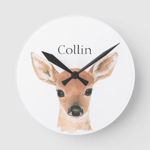 Forest Animals Watercolor Deer Name Nursery Round Clock