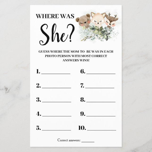 Forest Animals Where was Mom Baby Shower Game Card Flyer (Front)