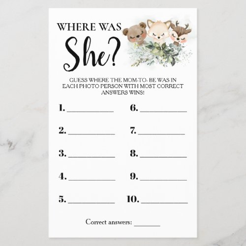 Forest Animals Where was Mom Baby Shower Game Card Flyer