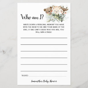Forest Animals Who am I Baby Shower Game Card Flyer
