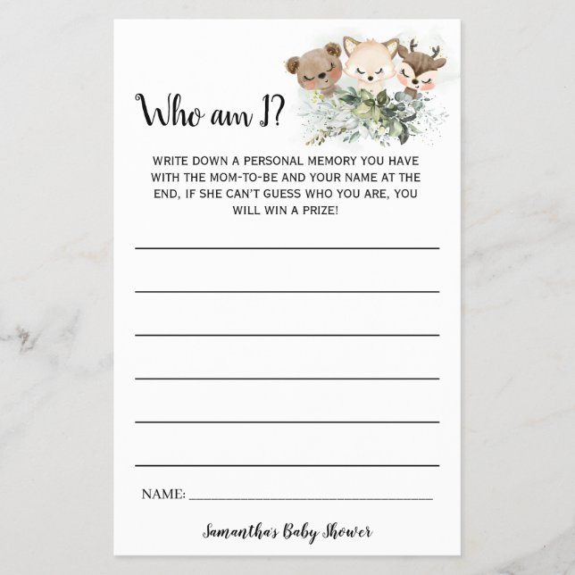 Forest Animals Who am I Baby Shower Game Card Flyer (Front)