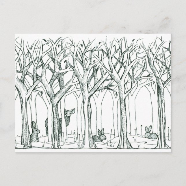 Forest Animals Winter Trees Snow Rabbits Deer Postcard (Front)