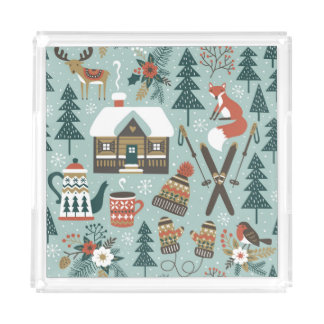 Forest Animals: Winter Vintage Seamless. Acrylic Tray