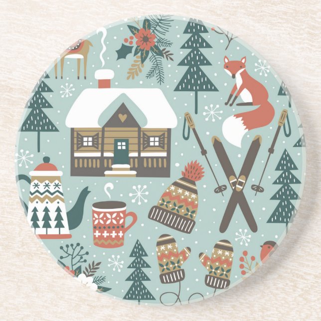 Forest Animals: Winter Vintage Seamless. Coaster (Front)