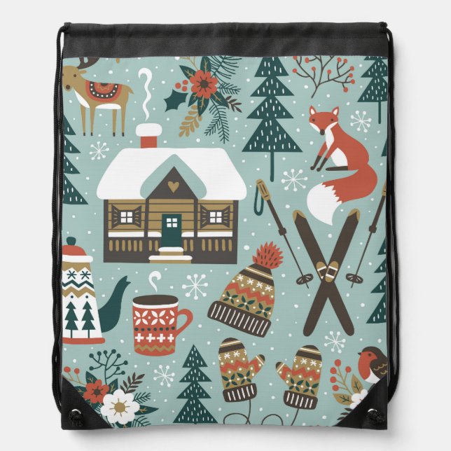 Forest Animals: Winter Vintage Seamless. Drawstring Bag (Front)