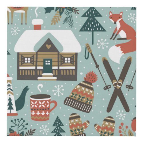 Forest Animals Winter Vintage Seamless Faux Canvas Print