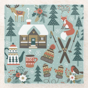 Forest Animals: Winter Vintage Seamless. Glass Coaster