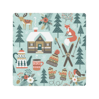 Forest Animals: Winter Vintage Seamless. Metal Print