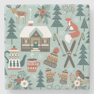 Forest Animals: Winter Vintage Seamless. Stone Coaster