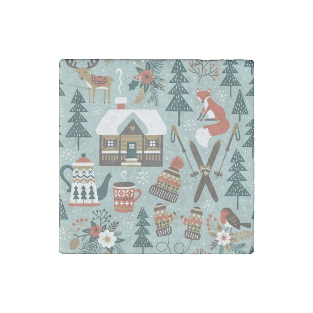 Forest Animals: Winter Vintage Seamless. Stone Magnet (Front)