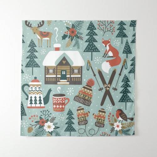 Forest Animals Winter Vintage Seamless Tapestry