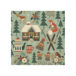 Forest Animals: Winter Vintage Seamless. Wood Wall Art