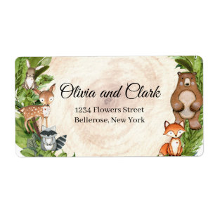 Forest animals wood log slice greenery baby label