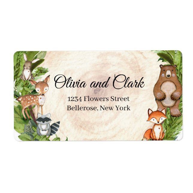 Forest animals wood log slice greenery baby label (Front)