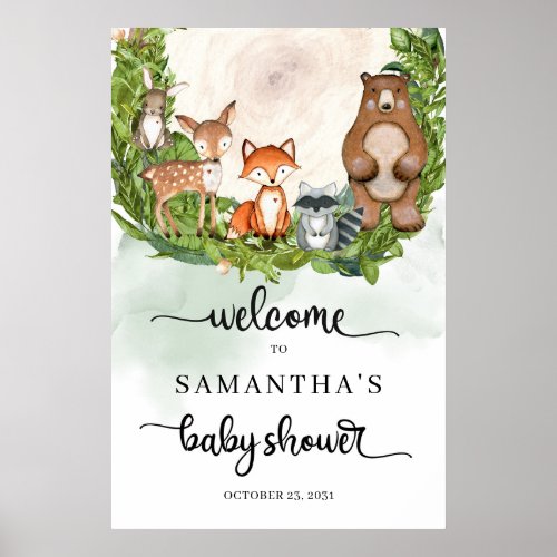 Forest animals wooden slice baby shower Welcome Poster