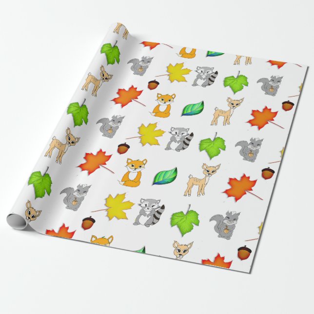 Forest Animals Woodland Creatures Fox, Raccoon Wrapping Paper (Unrolled)