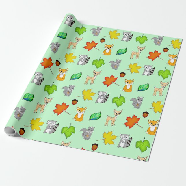 Forest Animals Woodland Creatures Fox, Raccoon Wrapping Paper (Unrolled)