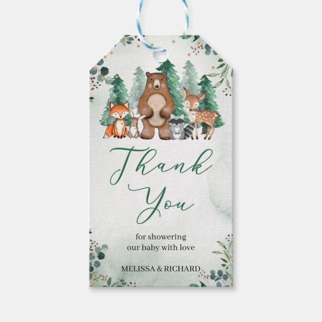 Forest animals woodland greenery Baby Shower Gift Tags (Front)