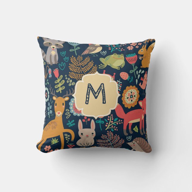 Forest Animals Woodland Navy Blue Monogram Throw Pillow (Front)