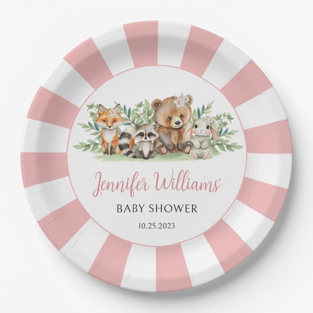 Forest animals Woodland pink girl baby shower Paper Plates (Front)
