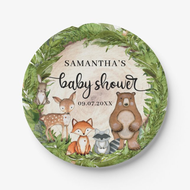 Forest animals woodland themed wood baby shower paper plates (Front)