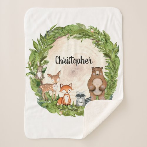 Forest animals woodland wooden slice personalized sherpa blanket