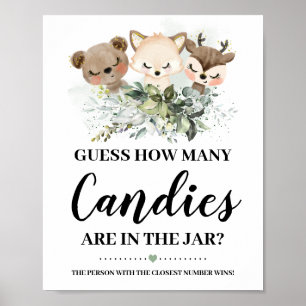 Forest Animas How many Candies Baby Shower Game Poster