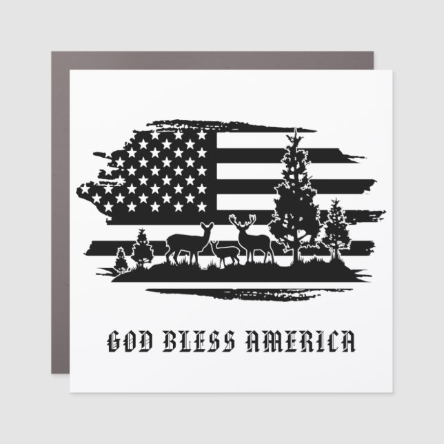 *~* Forest AP27 Deer Pines Modern American Flag Car Magnet (Front)