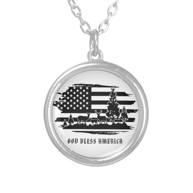 *~* Forest AP40 Deer Pines Modern American Flag Silver Plated Necklace (Front)