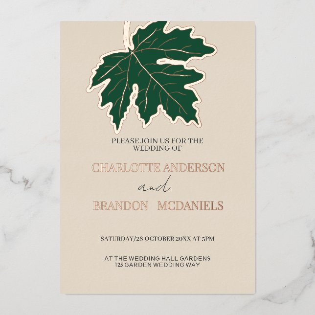 Forest Autumn Maple Leaf Wedding Rose Gold    Foil Invitation (Front)