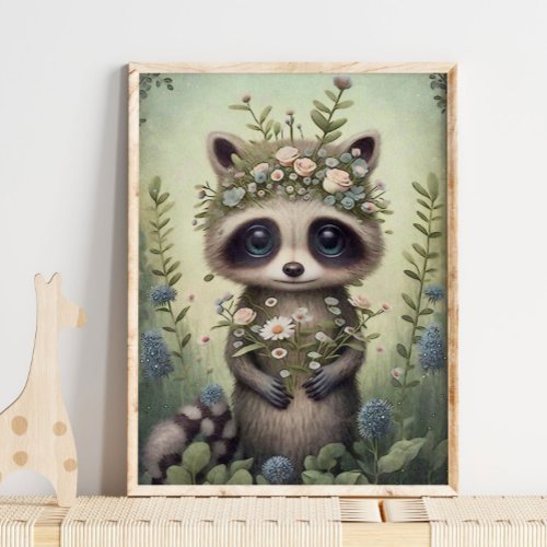 Forest Baby Raccoon Flower  Raccoon Wall Print