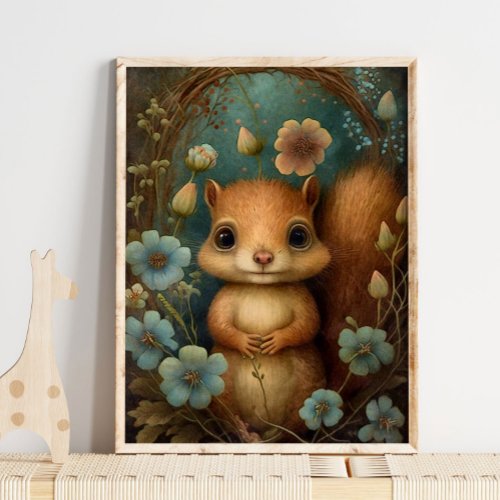 Forest Baby Squirrel Flower  Squirrel Wall Print