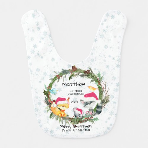 Forest Babys First Christmas from Grandma Baby Bib